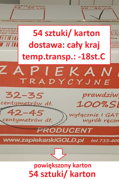 karton "powiększony" 54 sztuki, ręcznie produkowanej kraftowej zapiekanki w wersji GOLD, smak rodem z lat 80 XX wieku, skład zgodnie z etykietą dł. 42-45cm, ZAKUP UWZGLĘDNIA TRANSPORT NA TERENIE CAŁEGO KRAJU W TEMP -18st.C. ................................................................. poniższa kwota jest kwotą ostateczną z VAT-em
